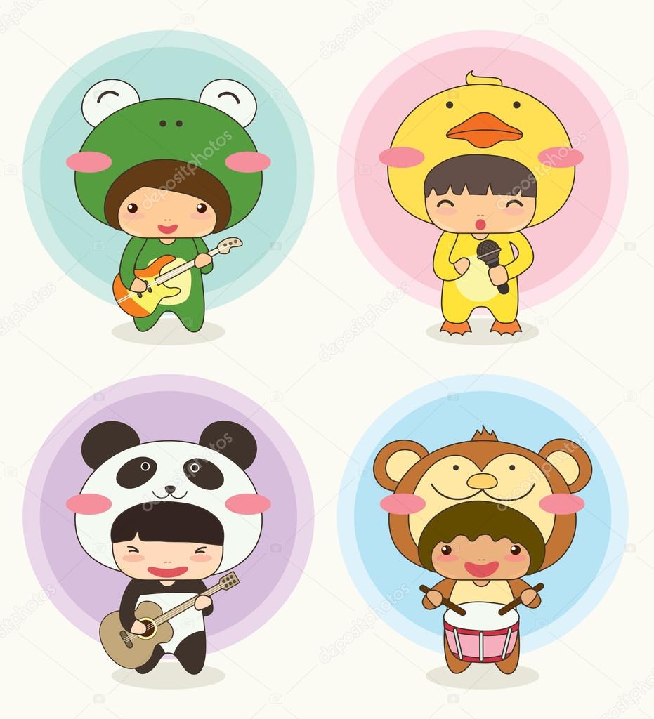 Music Band, Cute Character with Animal Costume : Frog, Duck, Panda and Monkey