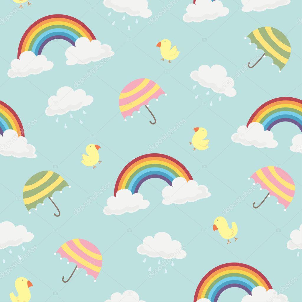 Cute Rainbow, Clouds, Umbrella and Birds Seamless Background Pattern