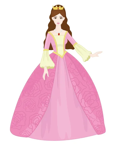 Hermosa princesa con precioso vestido rosa sobre un fondo blanco — Vector de stock