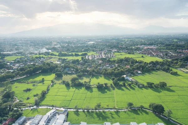 Land or landscape of green field in aerial view. Include agriculture farm, house building, village. That real estate or property. Plot of land for housing subdivision, development, sale or investment.
