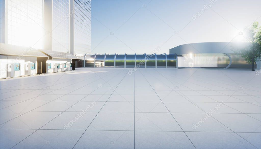 3d rendering of empty space on concrete floor at outdoor in perspective. Include exterior modern building with futuristic architecture in city, showroom. Urban scene for product display background.