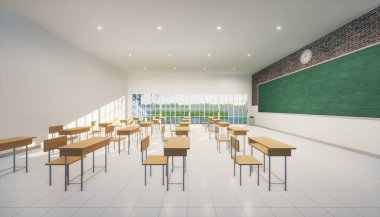 Sabahları sınıfın 3D görüntüsü. İç oda döşeme, tahta veya karatahta, pencere camı, ışık ve mobilyadan oluşur. Masa ya da masa, öğretmen ve öğrencilerin öğreteceği, çalışacağı ve çalıştıracağı sandalye. Eğitim geçmişi.