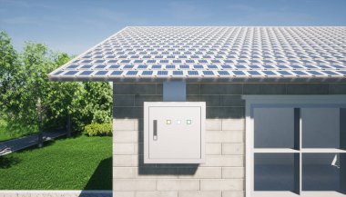 3D eko ev yapımı ve yeşil enerji güneş pili veya güneş kiremitleri ve elektrik kabinesindeki fotovoltaik hücreden oluşur. Elektrik enerjisi üretmek için sistem teknolojisi.