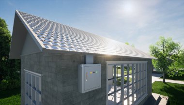 3D eko ev yapımı ve yeşil enerji güneş pili veya güneş kiremitleri ve elektrik kabinesindeki fotovoltaik hücreden oluşur. Elektrik enerjisi üretmek için sistem teknolojisi.
