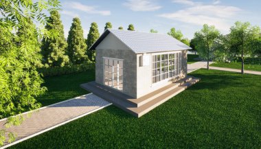3D eko ev yapımı ve yeşil enerji güneş pili veya güneş kiremitleri ve elektrik kabinesindeki fotovoltaik hücreden oluşur. Elektrik enerjisi üretmek için sistem teknolojisi.