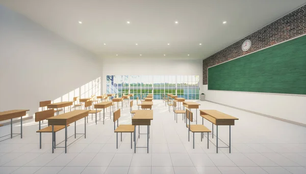 朝の教室の3Dレンダリング 室内はタイル張りの床 板や黒板 窓ガラス 家具などで構成されています 机やテーブル教師と学生のための椅子を教える 勉強し 訓練する 教育の背景 — ストック写真