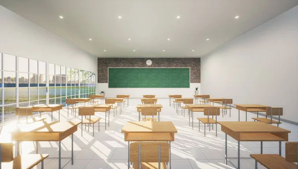 朝の教室の3Dレンダリング 室内はタイル張りの床 板や黒板 窓ガラス 家具などで構成されています 机やテーブル教師と学生のための椅子を教える 勉強し 訓練する 教育の背景 — ストック写真