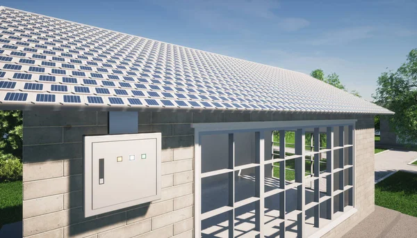 生态住宅建筑和绿色能源的三维渲染由太阳能电池或太阳能外壳和电柜中的光伏电池组成 发电系统技术 — 图库照片