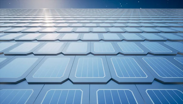 Rendering Tegole Solari Fotovoltaiche Prospettiva Sul Tetto Case Edifici Tecnologia — Foto Stock