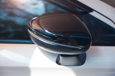Araba yan aynası ya da kanat aynası, yön sinyali göstergesi LED ışığını kapıda ya da penceredeki beyaz arabanın pozisyonunda tut. Parlak siyah kapaklı modern detay. Otomotiv aracı için suç ortağı.