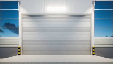 Dış ticaret binasının 3D görüntüsü. May modern fabrikayı, depoyu, hangarı, dükkanı ya da garajı aradı. Endüstrinin arka planı için metal kapı ya da paten kepengi içerir. inşaat, depolama.