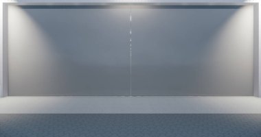 Kapalı sürgülü kapının 3D tasarımı ya da öndeki çelik kapının. Geceleri ışıklandırma dahil. Uçak hangarının, deponun ya da fabrikanın dış ticaret binası.