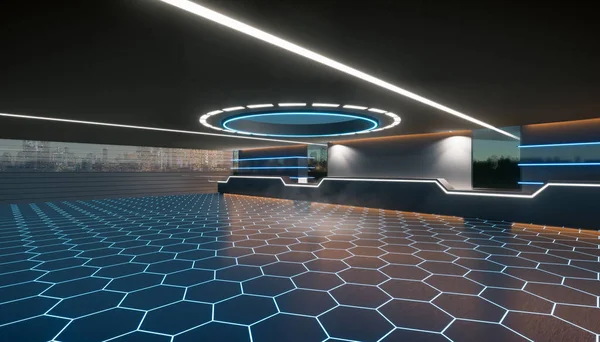 3d rendering of empty space inside futuristic showroom, spaceship, hall or studio in perspective. Include ceiling, neon light, floor and counter. Modern dark background design of future, technology.