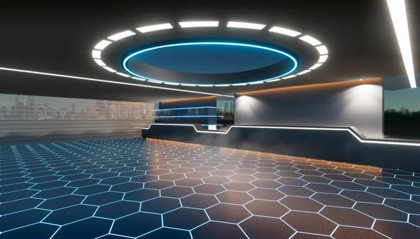 3d rendering of empty space inside futuristic showroom, spaceship, hall or studio in perspective. Include ceiling, neon light, floor and counter. Modern dark background design of future, technology.