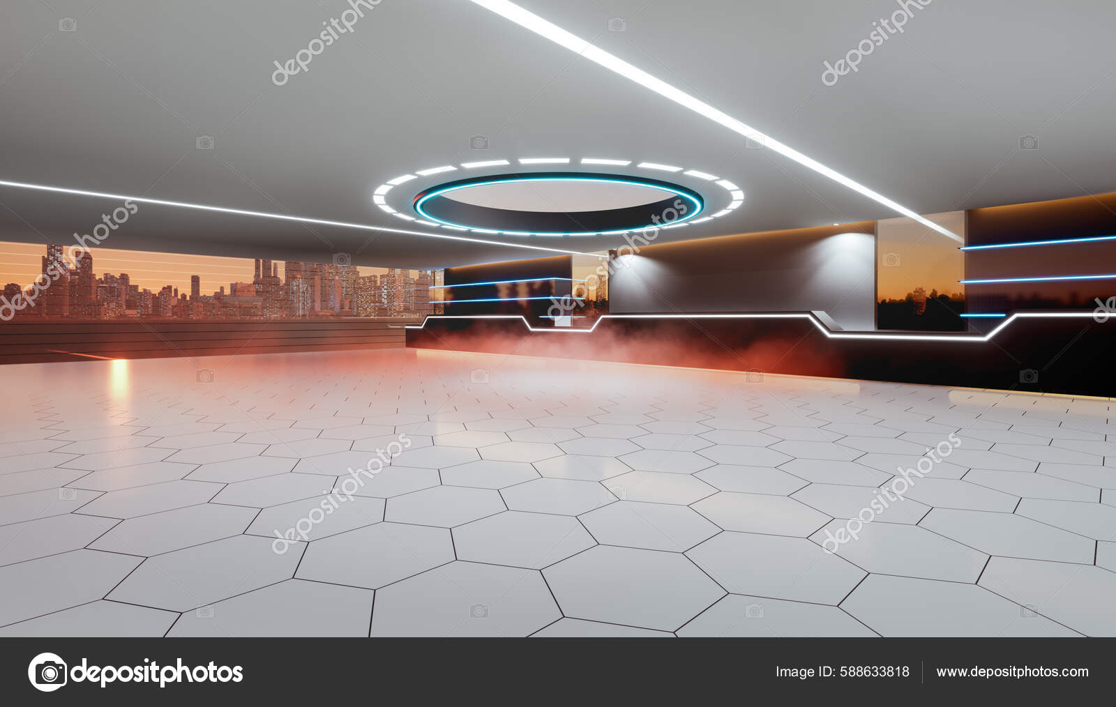 Renderização Espaço Vazio Dentro Showroom Futurista Nave Espacial Hall  Estúdio — Foto © roncivil #588633818, image size:1600x1014