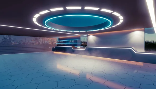 3d rendering of empty space inside futuristic showroom, spaceship, hall or studio in perspective view. Include ceiling, hidden neon light, tile floor, shelf and counter. Modern background or interior design in concept of future, technology.