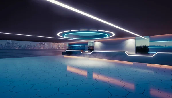 Rendering Empty Space Futuristic Showroom Spaceship Hall Studio Perspective View — Stockfoto