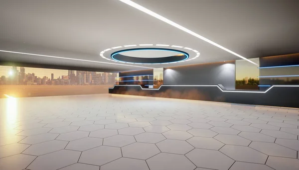 3d rendering of empty space inside futuristic showroom, spaceship, hall or studio in perspective view. Include ceiling, hidden neon light, tile floor, shelf and counter. Modern background or interior design in concept of future, technology.