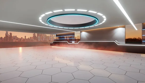 3d rendering of empty space inside futuristic showroom, spaceship, hall or studio in perspective view. Include ceiling, hidden neon light, tile floor, shelf and counter. Modern background or interior design in concept of future, technology.