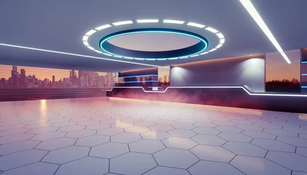 3d rendering of empty space inside futuristic showroom, spaceship, hall or studio in perspective view. Include ceiling, hidden neon light, tile floor, shelf and counter. Modern background or interior design in concept of future, technology.