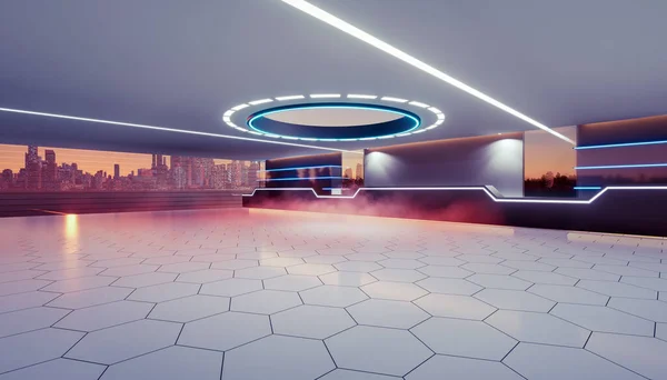 3d rendering of empty space inside futuristic showroom, spaceship, hall or studio in perspective view. Include ceiling, hidden neon light, tile floor, shelf and counter. Modern background or interior design in concept of future, technology.