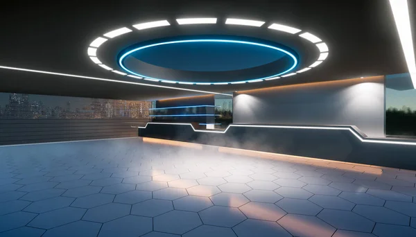 3d rendering of empty space inside futuristic showroom, spaceship, hall or studio in perspective view. Include ceiling, hidden neon light, tile floor, shelf and counter. Modern background or interior design in concept of future, technology.