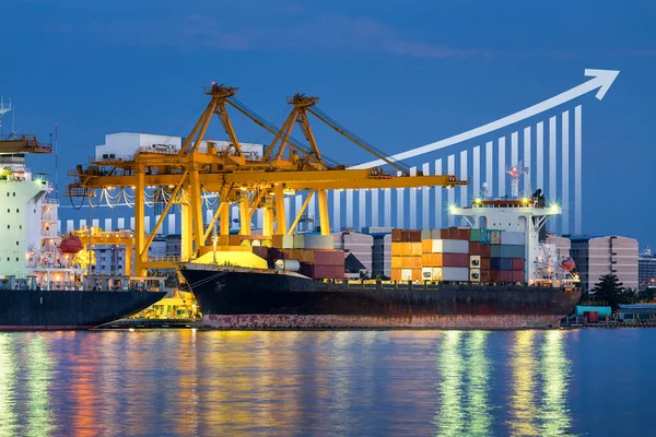 Cargo ship, cargo container work with crane at dock, port or harbour. Freight transport with up arrow, increase graph or bar chart. Concept for export, growth market, trade, profit, demand and supply.