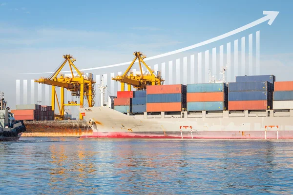 Cargo ship, cargo container work with crane at dock, port or harbour. Freight transport with up arrow, increase graph or bar chart. Concept for export, growth market, trade, profit, demand and supply.