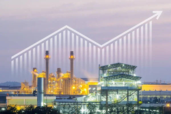 Power plant, gas fired power station. Include increasing bar chart, graph, arrow. Industrial factory may called combined cycle gas turbine plant. Concept for growth in electricity energy generation.