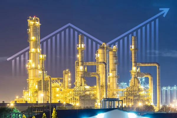 Oil gas refinery or petrochemical plant. Include arrow, graph or bar chart. Increase trend or growth of production, market price, demand, supply. Concept of business, industry, fuel, power energy.