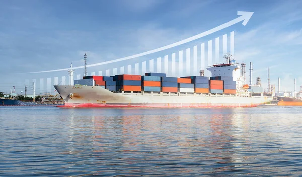 Cargo ship, cargo container at dock, port or harbour. Freight transport with up arrow, increase graph or bar chart. Concept for import export business, growth market, trade, profit and demand supply.