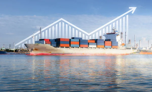 Cargo ship, cargo container at dock, port or harbour. Freight transport with up arrow, increase graph or bar chart. Concept for import export business, growth market, trade, profit and demand supply.