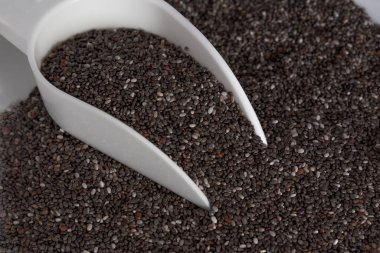 beyaz kaşık arka planına sahip chia tohumları, sağlık geçmişi, dengeli diyet fotokopi alanı üst görünümü yatay