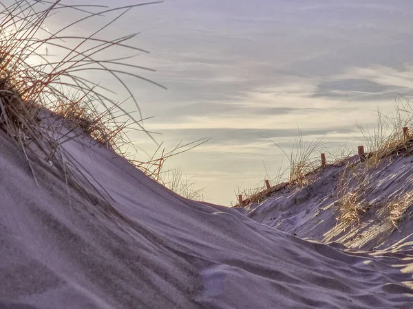 Güzel Baltık denizi, Palanga sahil manzarası, denizde gün batımı, kum tepeleri. Boşluğu, deseni, duvar kağıdını, afişi, kapağı, maketi, tasarımınız için kopyala