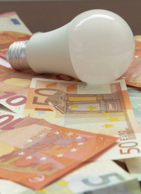 light bulb and euro banknotes. electricity price concept, increasing the energy costs, save electricity, vertical
