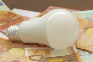 light bulb and euro banknotes. electricity price concept, increasing the energy costs, save electricity, horizontal