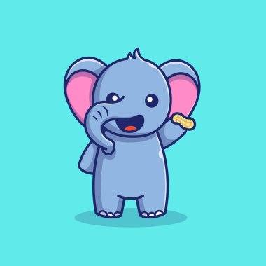 Şirin Fil Tutan Fındık Karikatür Vektör Simgesi Çizimi. Hayvan Gıda Simgesi İzole edilmiş Premium Vektörü. Düz Çizgi Film Biçimi