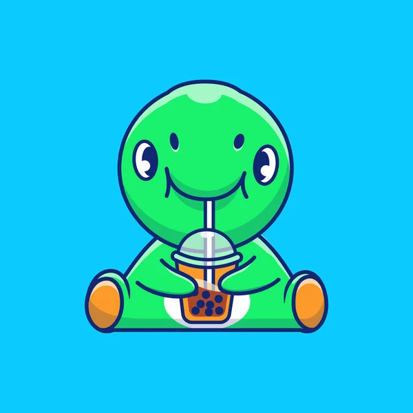 Cute Dinosaur Drink Bubble Tea Cartoon Vector Icono Ilustración Animal — Vector de stock