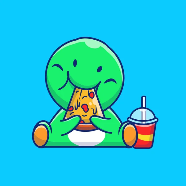 Söt Dinosaurie Äta Pizza Tecknad Vektor Ikon Illustration Animal Food — Stock vektor