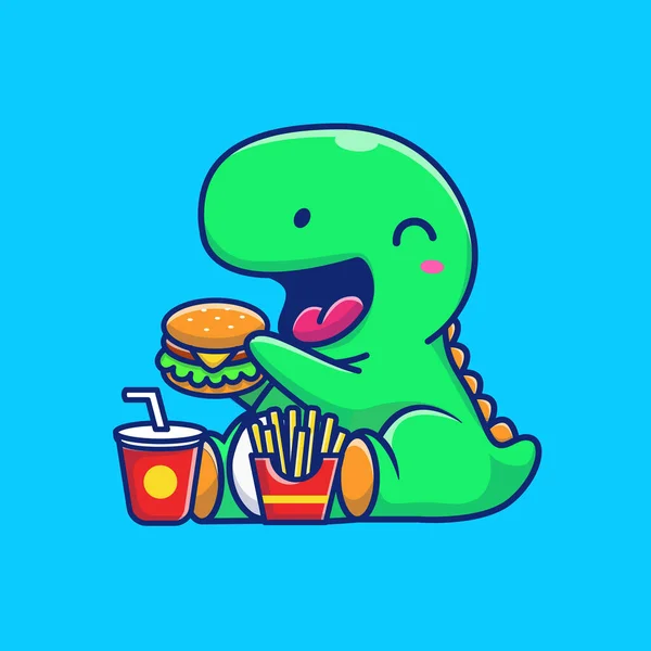 Aranyos Dinoszaurusz Burger Sült Krumpli Inni Rajzfilm Vektor Ikon Illusztráció — Stock Vector
