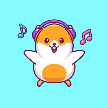 Cute Hamster Listening Music With Headphone Cartoon Vector Icon Illustration. Animal Technology Icon Concept Isolated Premium Vector. Flat Cartoon Style