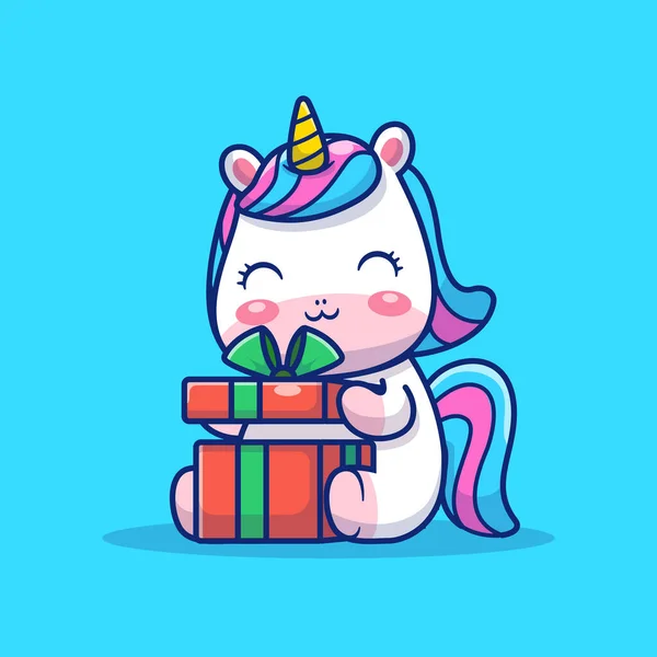 Cute Unicorn Holding Gift Cartoon Vector Icon Illustration. Animal Holiday Icon Concept Isolated Premium Vector. Flat Cartoon Style