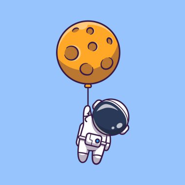 Cute Astronaut Floating With Moon Balloon Cartoon Vector Icon Illustration. Science Technology Icon Concept Isolated Premium Vector. Flat Cartoon Style