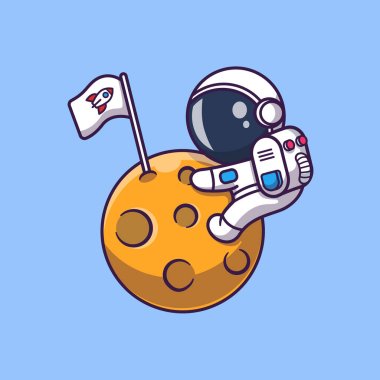 Cute Astronaut Hug Moon Cartoon Vector Icon Illustration. Science Technology Icon Concept Isolated Premium Vector. Flat Cartoon Style
