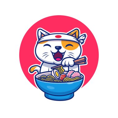 Cute Cat Eating Ramen Noodle Cartoon Vector Icon Illustration. Animal Food Icon Concept Isolated Premium Vector. Flat Cartoon Style
