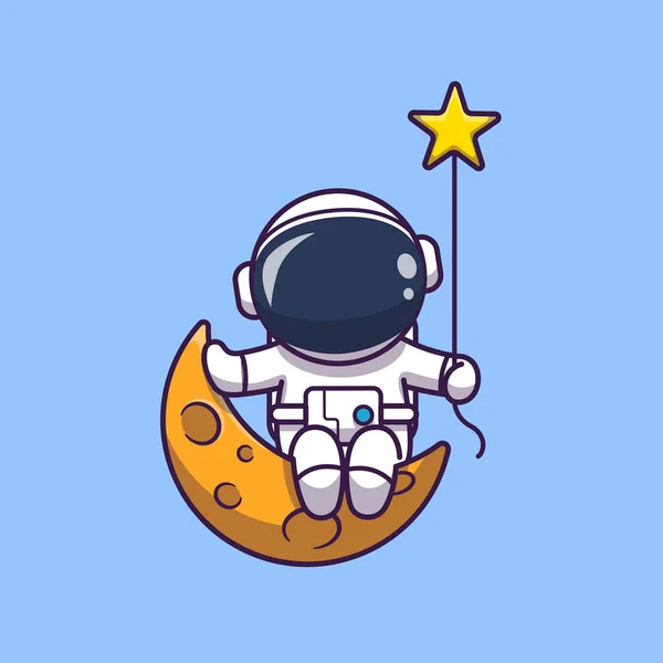 Cute Astronaut Sitting On Moon With Star Cartoon Vector Icon Illustration. Science Technology Icon Concept Isolated Premium Vector. Flat Cartoon Style