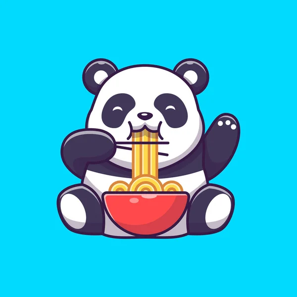 Cute Panda Eating Noodle Chopstick Cartoon Vector Icon Illustration Animal — ストックベクタ