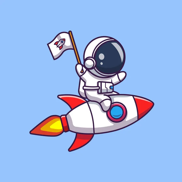 Cute Astronaut Riding Rocket And Holding Flag Cartoon Vector Icon Illustration. Science Technology Icon Concept Isolated Premium Vector. Flat Cartoon Style