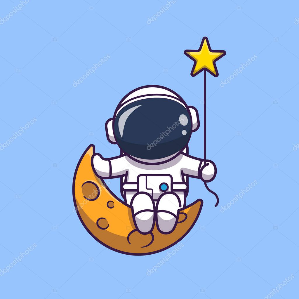 Cute Astronaut Sitting On Moon With Star Cartoon Vector Icon Illustration. Science Technology Icon Concept Isolated Premium Vector. Flat Cartoon Style