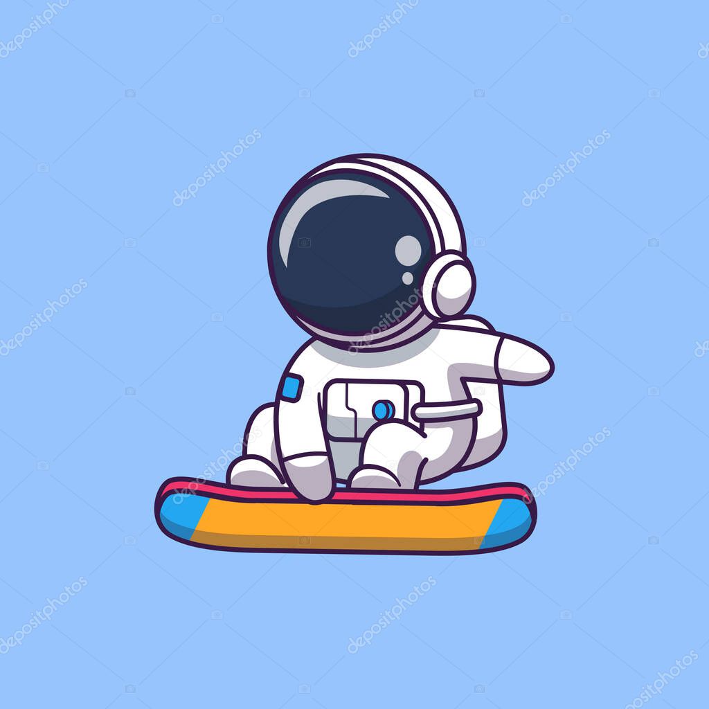 Cute Astronaut Surfing In Space Cartoon Vector Icon Illustration. Science Sport Icon Concept Isolated Premium Vector. Flat Cartoon Style